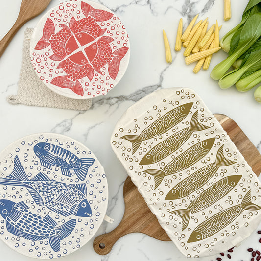 Dish Cover Set of 3 with rectangle and 2 rounds | Fish Print