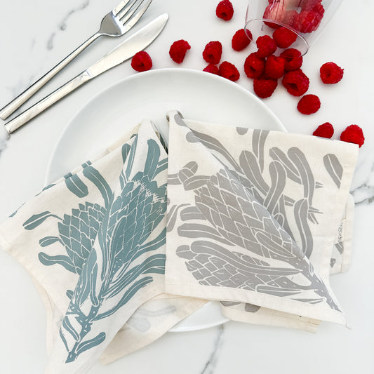 Cotton Table Napkins Blues and Greys | Protea Print