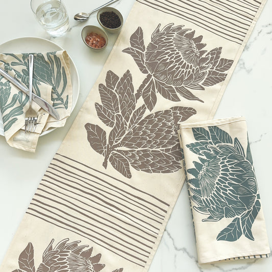 Table Runner Taupe, Blue Green | Protea Print
