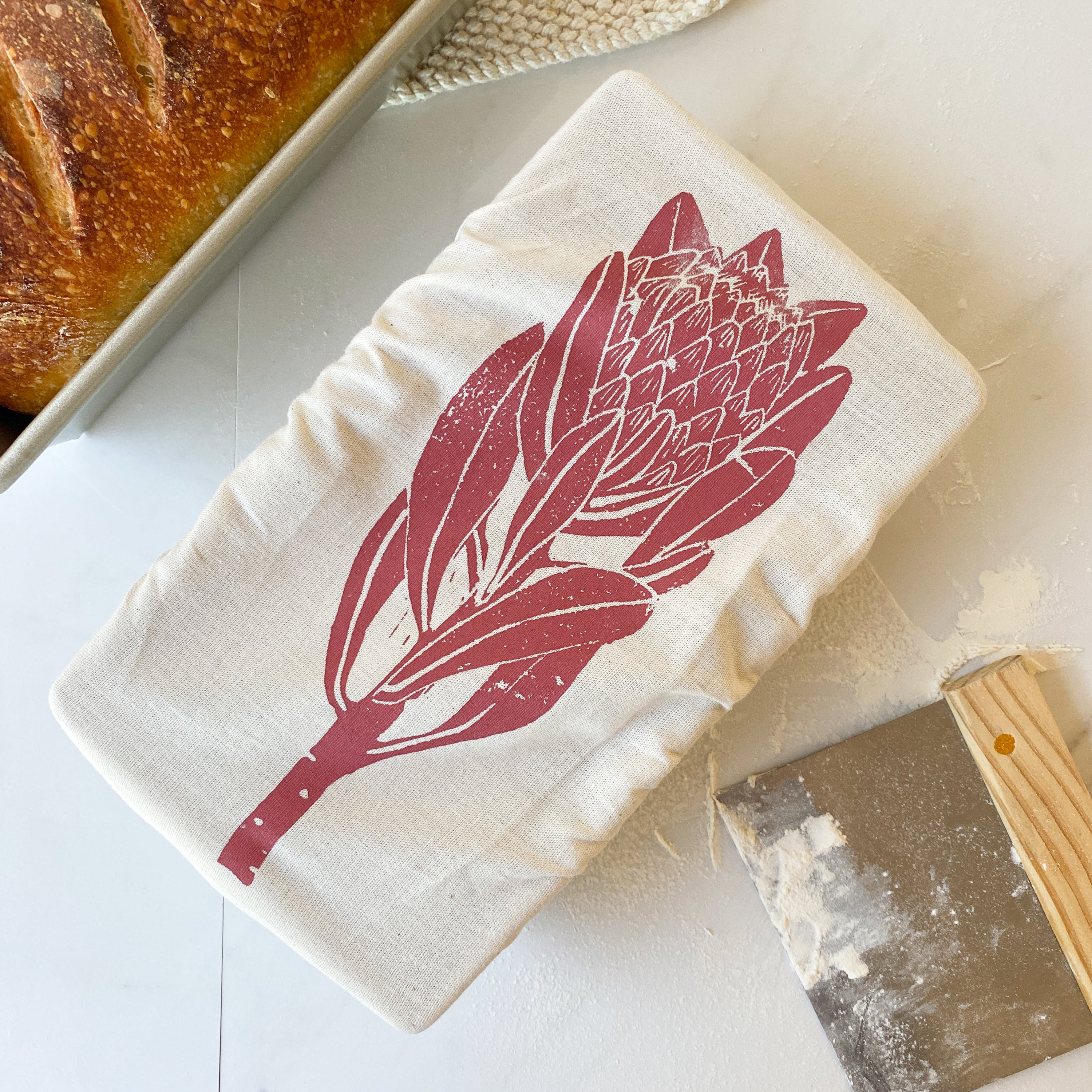 Loaf Pan Cover 100% organic cotton for bread making protea motif