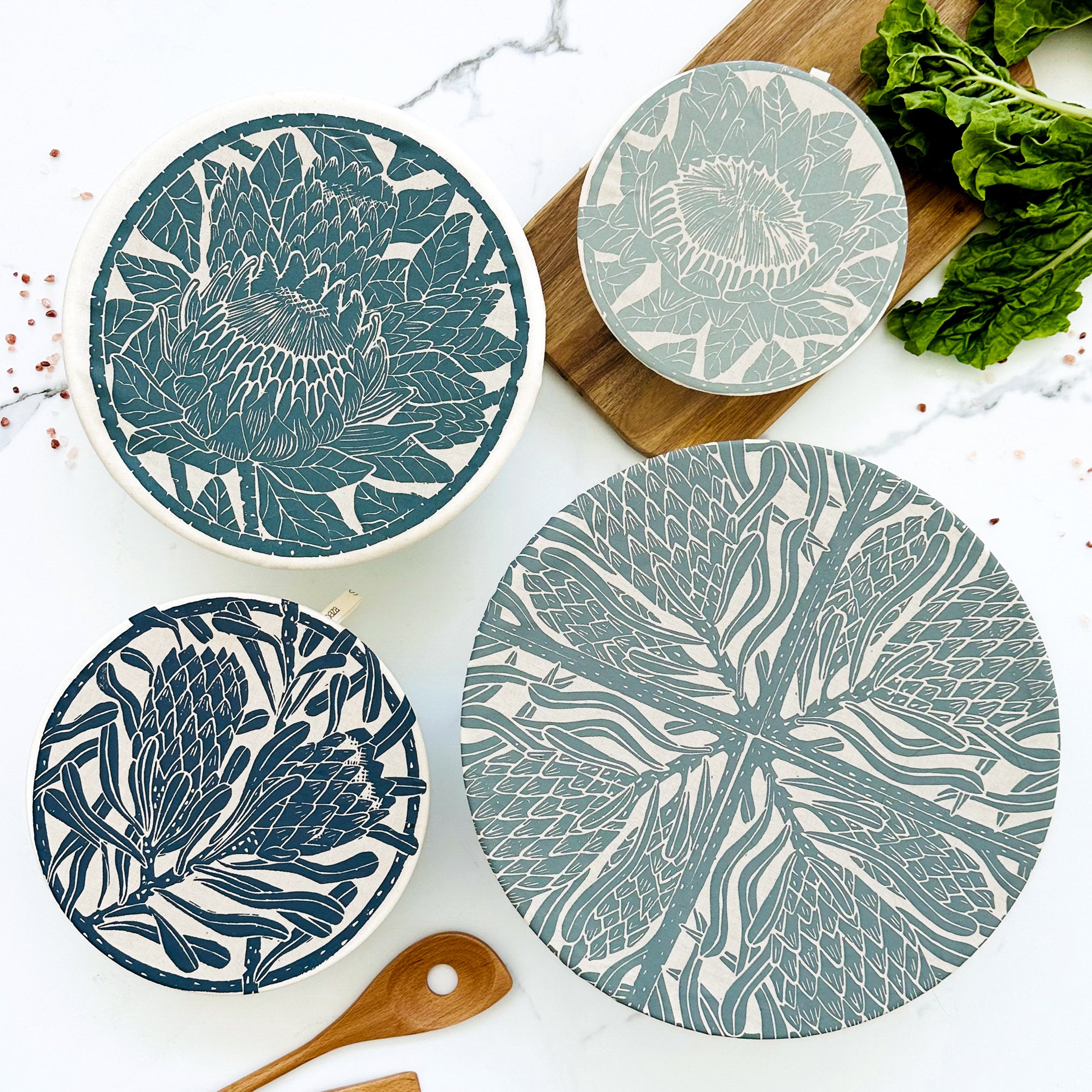 Dish and Bowl Cover Set of 4 Protea Print | cloth bowl covers in 4 sizes