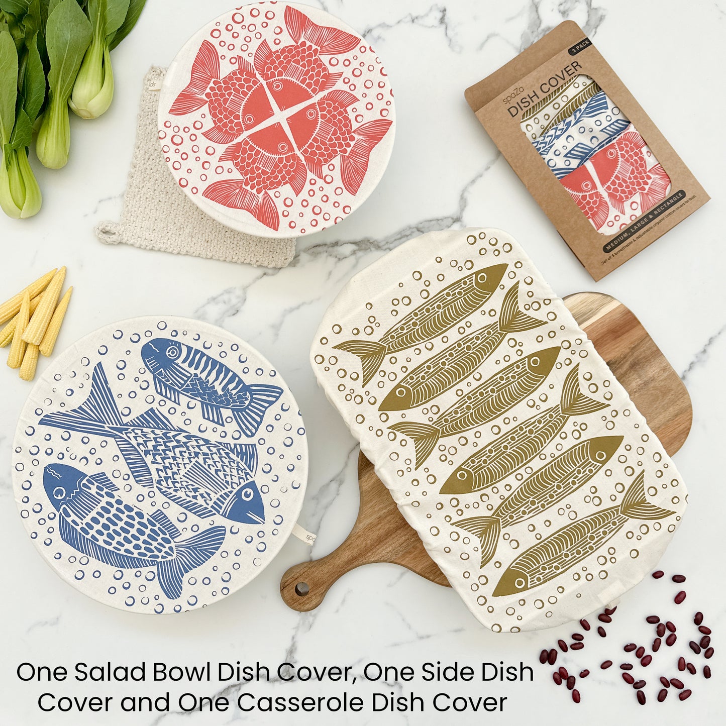 Dish Cover Set of 3 with rectangle and 2 rounds | Fish Print