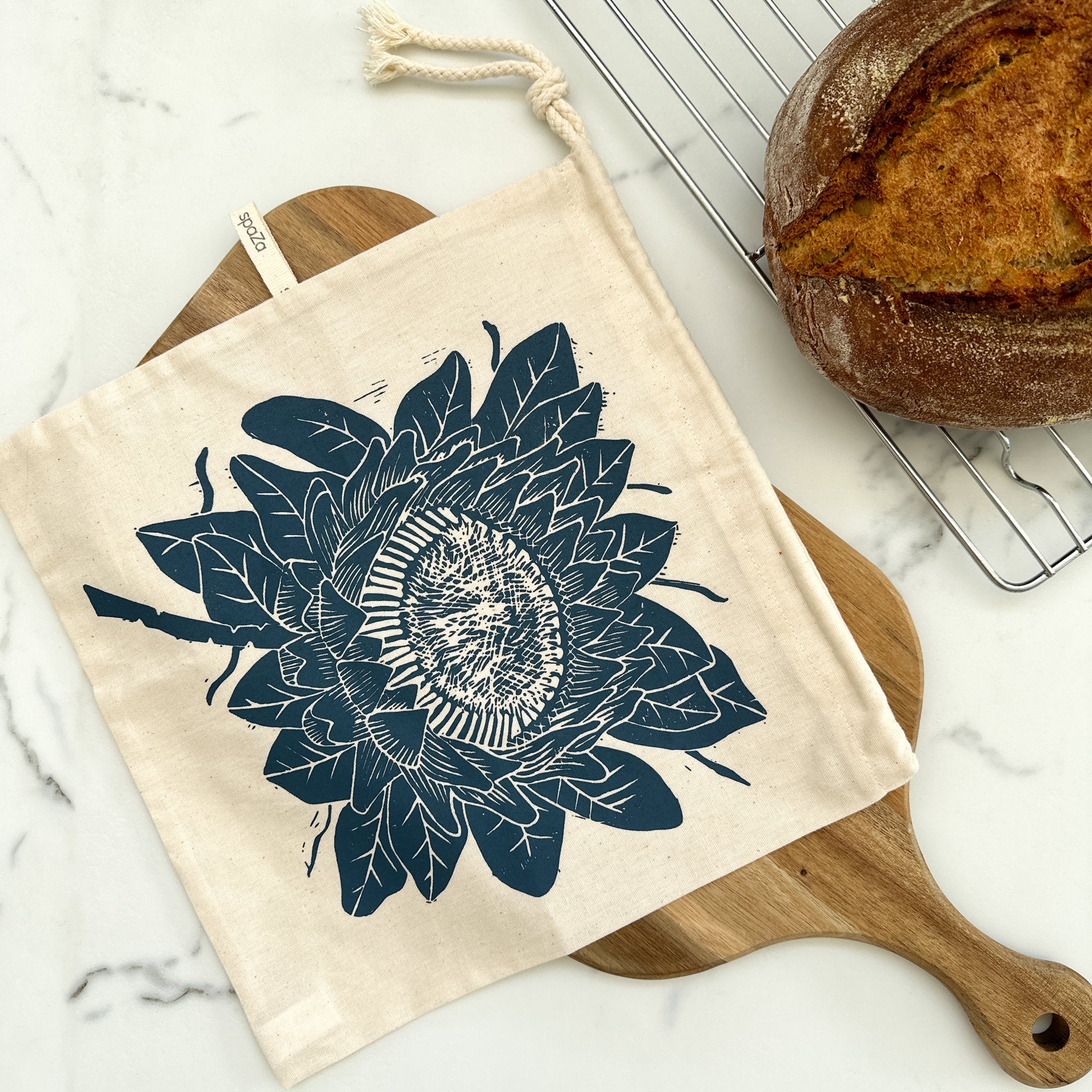 Bread Bag 11.5" square for round loaves organic cotton protea motif