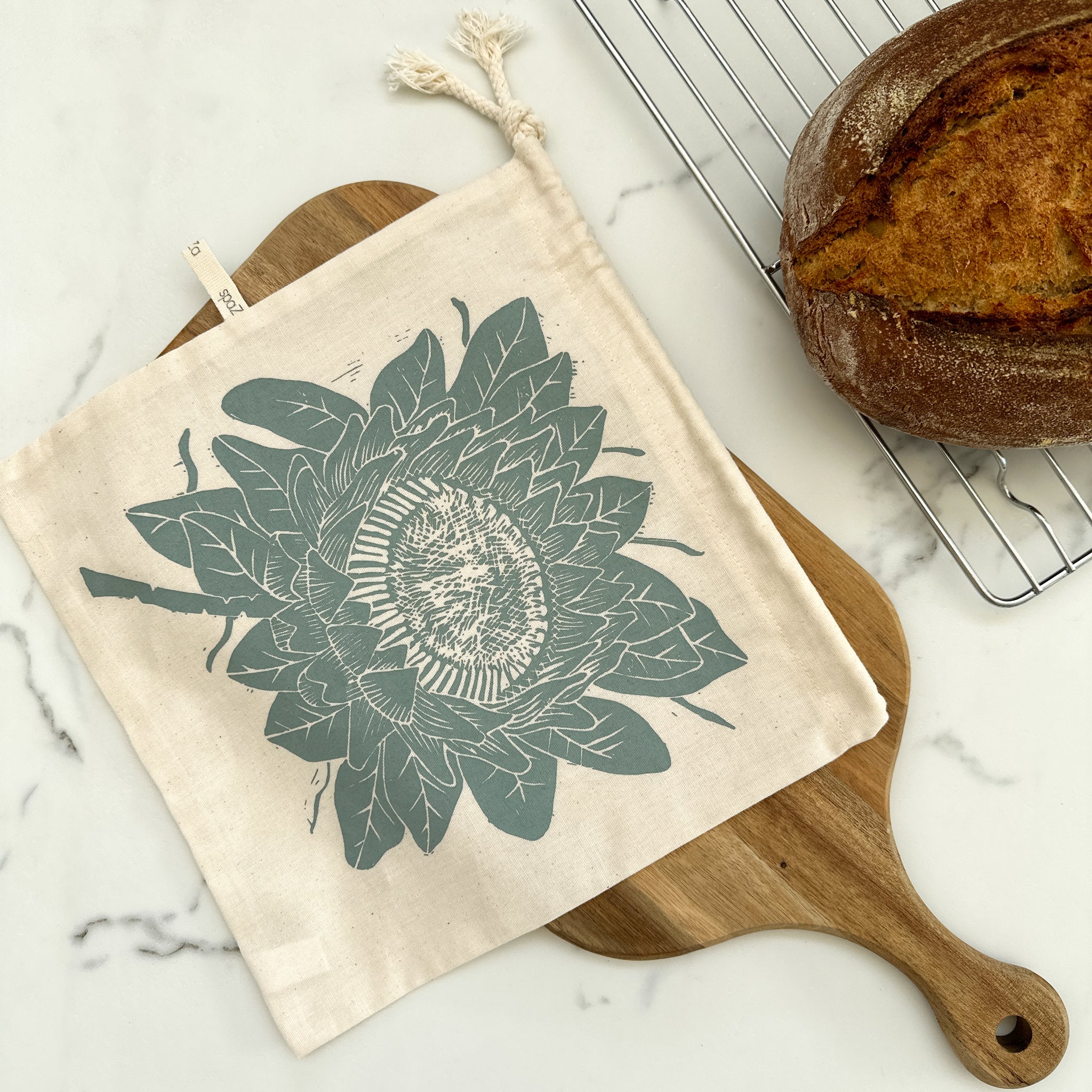 Bread Bag 11.5" square for round loaves organic cotton protea motif