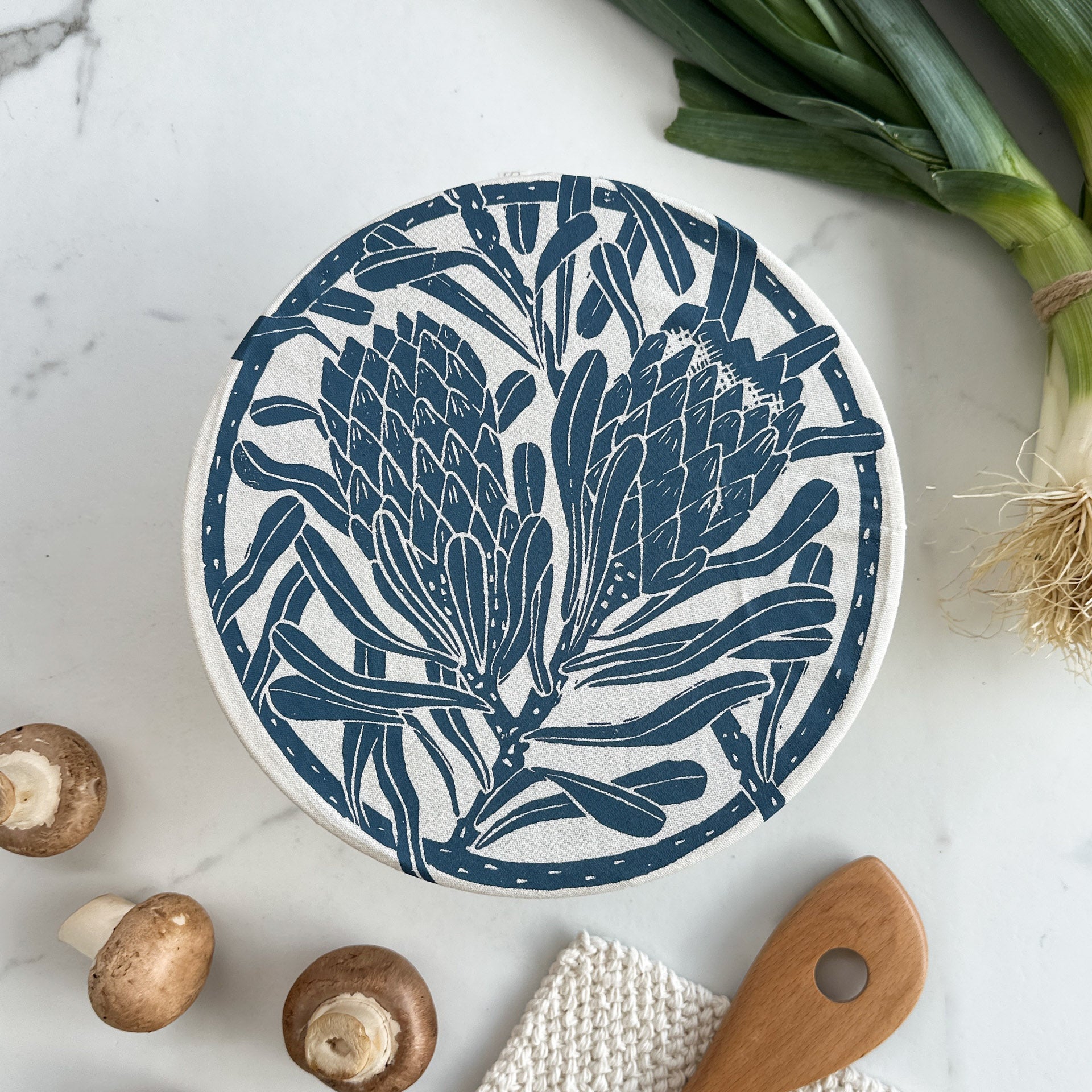 Dish and Bowl Cover Medium Protea Print | single bowl cover for medium salads and leftovers