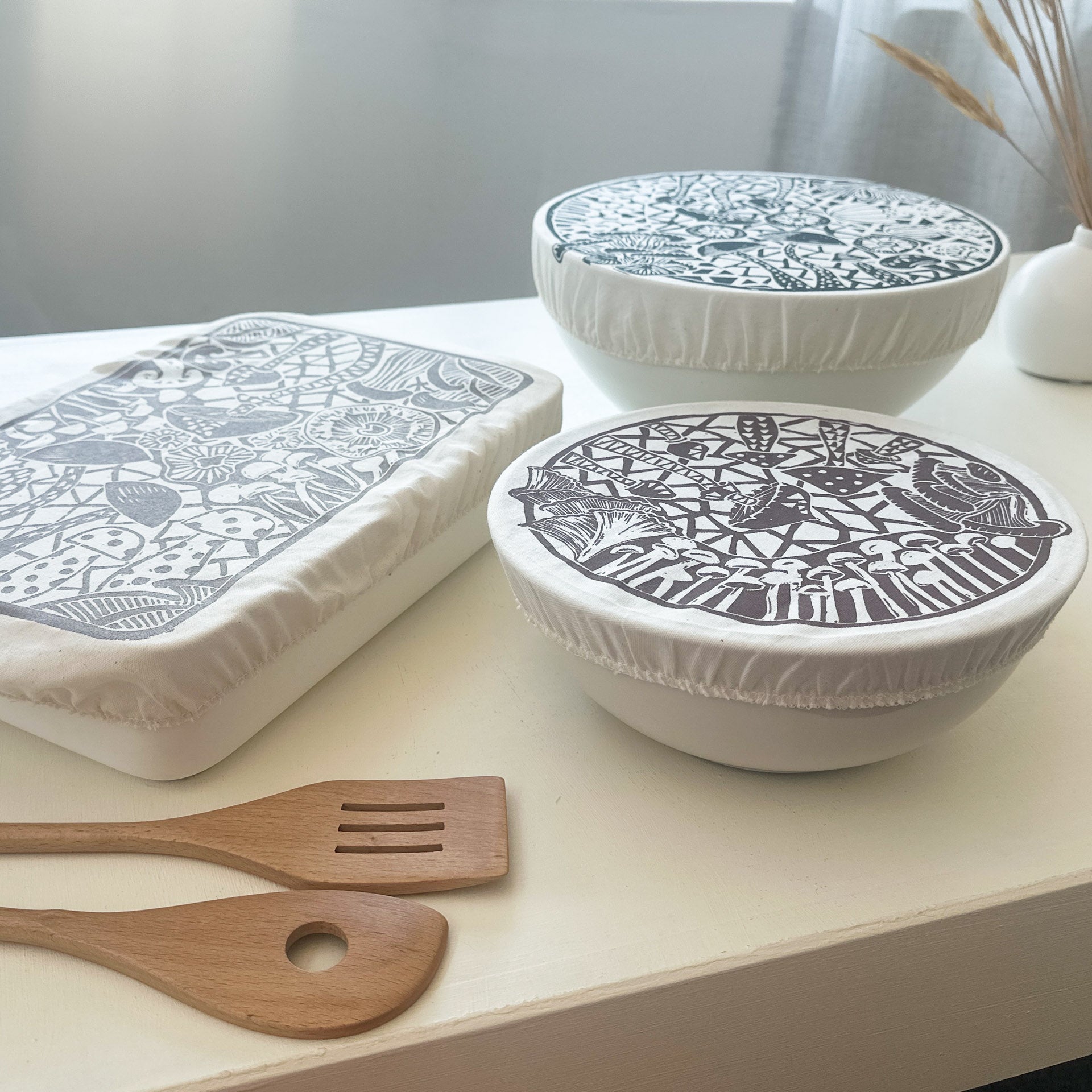 Reusable Dish and Bowl Cover Set with rectangle cover and 2 sizes of round covers, Mushroom Print
