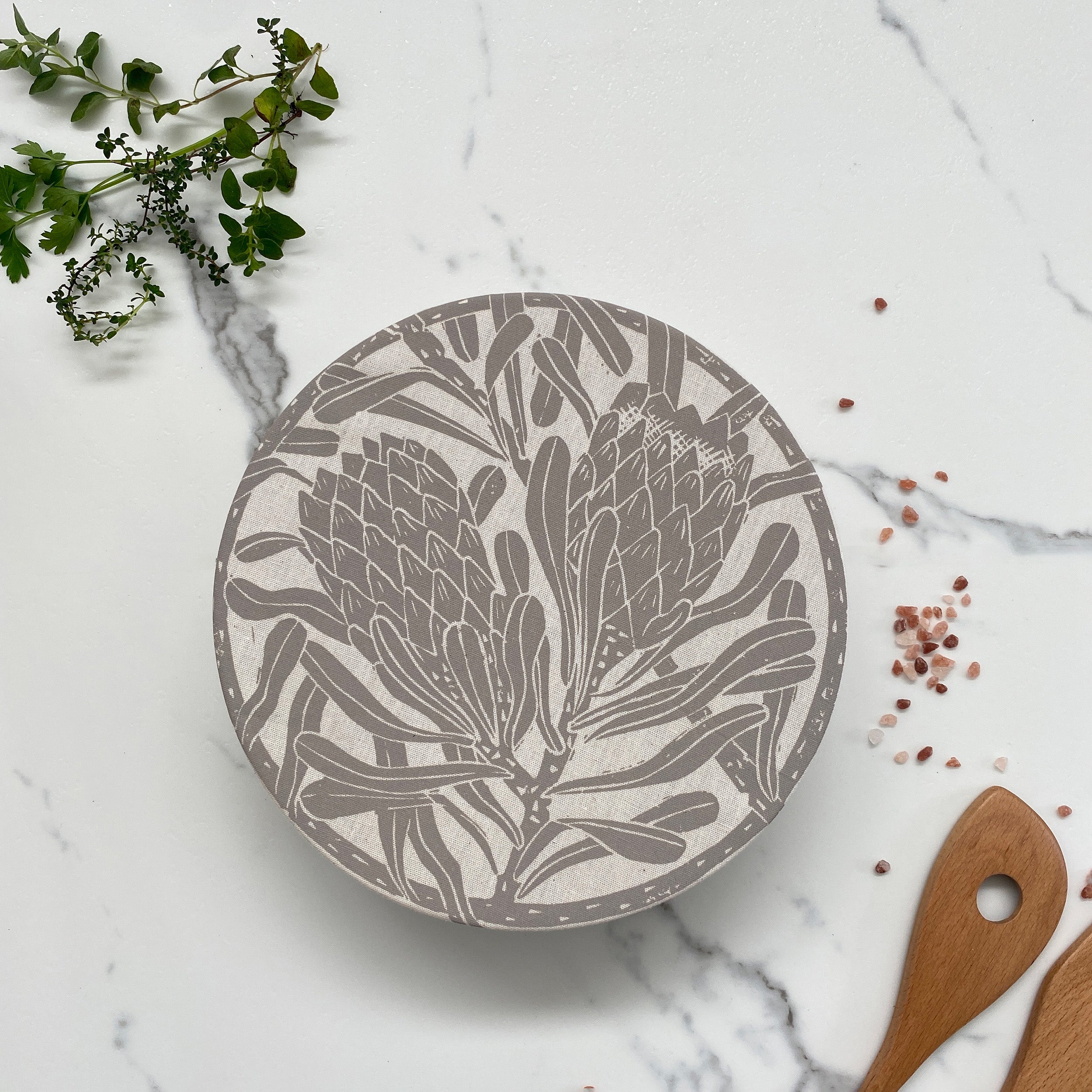 Dish and Bowl Cover Medium Protea Print | single bowl cover for medium salads and leftovers